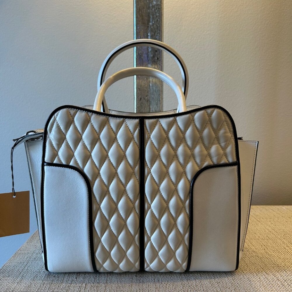Authentic TOD's Quilted Leather Stitch Sella Bag in Cream/White with Black Trim